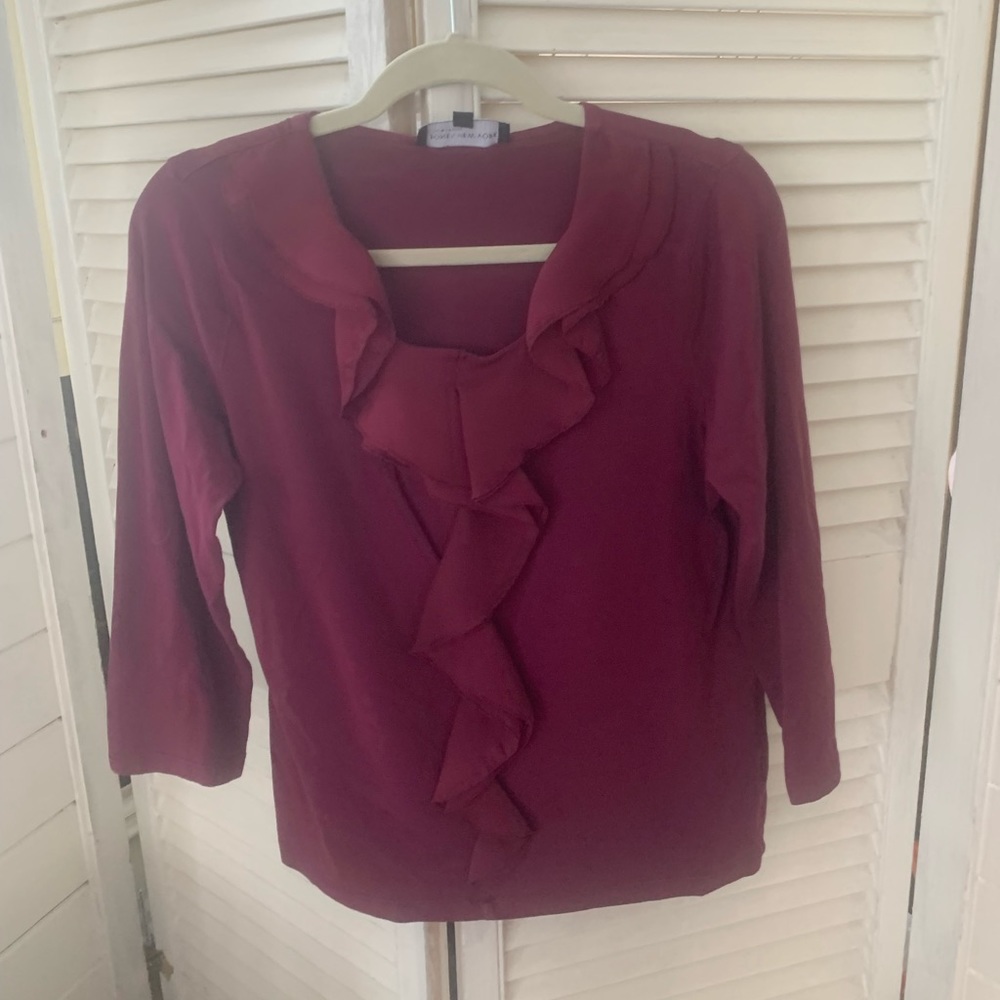 Jones New York maroon v-neck front ruffle shirt - 3/4 length sleeve size L